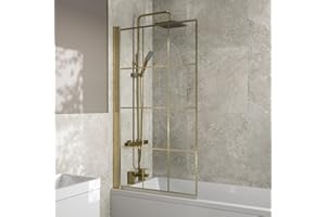 LUXURA® 1400 x 800mm Brushed Brass Square Grid Over Bath Shower Screen Door 6mm Clear Toughened Safety Glass Panel 180° Pivot Bathroom Hinged Framed Bath Screens