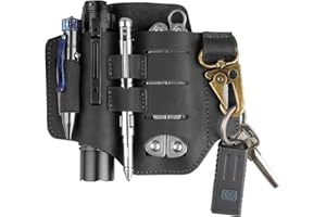 VIPERADE PJ16 Funda de Cuero EDC Organizador de Cuero Multiherramienta Hademade 3 Bolsillos Portador Herramienta cinturón Bolsa con Llavero para Linterna Cuchillo táctico bolígrafo - Negro