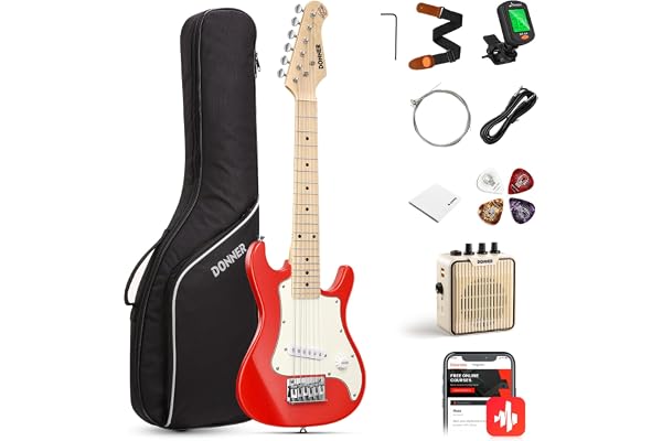 Donner Kit guitare électrique junior 76,2 cm pour débutant, ST Style Mini guitare Premium Bundle avec ampli, accordeur, capodastre, sac, sangle, corde, câble (DSJ-100, rouge)