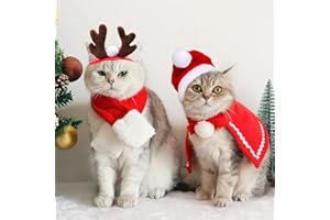 QUOHE Weihnachtskostüm Katzen Hunde, 4 Stück Haustier Kostüm Weihnachten Kleidung Rentier Geweih Stirnband Weihnachtsmütze Schal Mantel, Rot Katzenbekleidung Weihnachts Outfit Geschenk für Klein Hund Katze