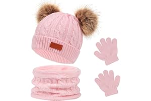 Waylipun Kids Winter Warm Beanie Hat Scarf Gloves Set, 3 in 1 Thicken Fleece Thermal Girls Skull Cap Scarf Mittens Set Super Soft Cap Neck Warm Gloves for 1~5 Years Old Toddler Girls Boys