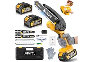 SINPY Mini Motosega a Batteria Per Potatura Con 2x4000 mAh Batterie e Caricatore Rapido, 880W 6 Pollici Sega Con Pompetta Olio e Blocco di Sicurezza per il Taglio Del Legno e Giardini