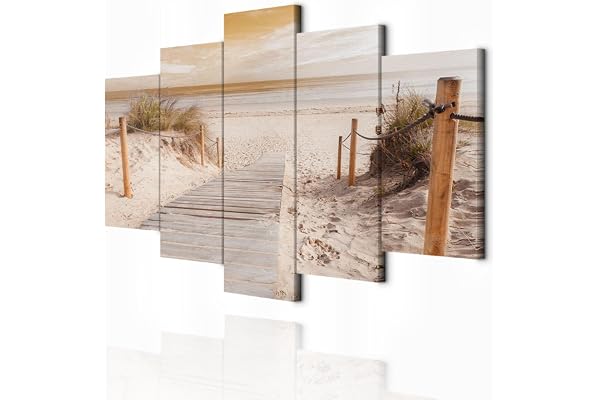decomonkey - Impression sur Toile Plage Paysage Mer 200x100 5 Pièces - Tableau Décoration Appartement Déco Salon Peinture sur Toile Paysage mer nature ciel sable plage sépia eau