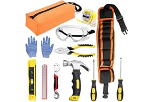 QeeHeng Kids Real Tool Starter Kit, Construction Toys Kids Tool Set with Tool Bag, Tool Belt, Hammer, Safety Goggles, Pliers, Wrench, DIY Real Tools for Boys & Girls Beginner Learning Gift, 12-Piece