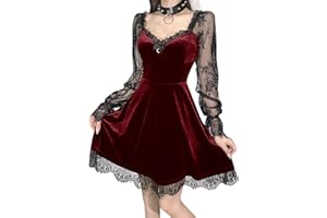 XKBHYD Womens Gothic Velvet Dress Long Sleeve Vintage Witchy Dresses Moon Lolita Fairy Dress Lace Punk Grunge Dress