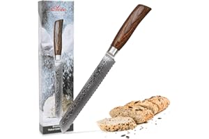WAKOLI EDIB Pro Couteau à pain avec lame ondulée tranchante de 20 cm en acier damassé fabriquée en 67 couches avec noyau VG10 I Couteau de damas et de cuisine professionnel I Manche en bois de pakka