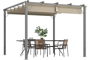 Outsunny 3 x 3(m) Garden Pergola with Retractable Roof Canopy and Wood Grain Aluminium Frame, Outdoor Gazebo Pergola Kit, UPF30+ Sun Shade Shelter for Deck, Porch, Grey