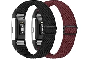 Janpso Bande élastique en Nylon Compatible avec Fitbit Charge 2 uniquement, ceinture de remplacement de sport en Nylon élastique réglable pour hommes et femmes (Noir+Bordeaux)