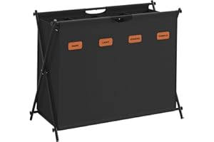 SONGMICS Kosz na bieliznę, kosz na bieliznę 155 litrów, pojemnik na pranie, 4 przegródki, składana rama X, indywidualne etykiety, do pralni, sypialni, łazienki, atrament czarny LCB140B01