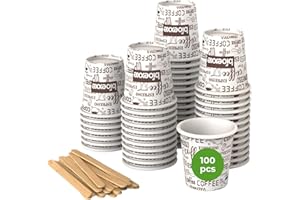 BIOEXXE Kit Completo 100 Pz Bicchierini Caffè Carta 75ml + 100 Pz Palette Monouso Ecologici Biodegradabili - Bicchieri espresso usa e getta Sostenibili (bianchi)