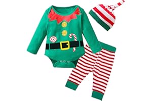 Hifot Disfraz Elfo Niño Niña,Disfraces Navidad Bebe Recién Nacido Mono + Pantalones + Sombrero Disfraz Papa Noel Bebe Mi primera Navidad