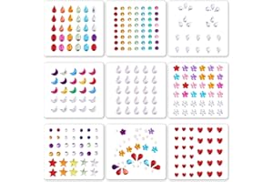 Amabro 9 hojas coloridas adhesivas, 321 piezas autoadhesivas para joyería en pedrería, maquillaje, cristales Bling pegatinas para festival y fiesta cara ojo brazo cuerpo