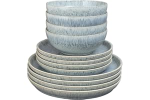 Denby - Halo Speckle Coupe Dinner Set For 4 - 12 Piece Ceramic Tableware - Dishwasher Microwave Safe Stoneware Crockery - Reactive Glaze, Grey - 4 x Dinner Plate, 4 x Medium Plate, 4 x Cereal Bowl