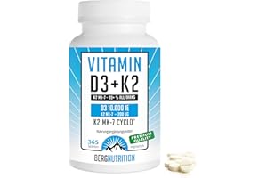 ‎BERG NUTRITION Berg Nutrition Vitamin D3 10.000 I.E + 200 µg K2 99+% ALL-Trans, 365 vegetarische Tabletten hochdosiert u. teilbar, Premium Vitamin D Tabletten, Vitamin D 3 und Vitamin K 2