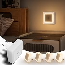 4 Pezzi] Luce Notturna con Sensore Crepuscolare, 5 Livelli di Luminosità, ON/OFF/AUTO Modalità, 3000K Bianco Caldo, 0,3W, Luci Notturne per Corridoio, Scale, Camera da Letto, Cucine, Soggiorno