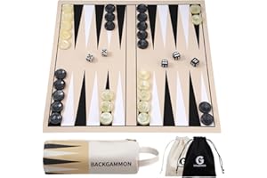 GINGHOWEN Backgammon Set, Premium Silicone Backgammon Classic Board Games for 2 Players, Foldable Portable Travel Game Set with Carrying Storage Bag (Khaki)