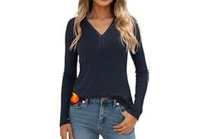 Crewhpo Camiseta Térmica Mujer Manga Larga Algodón Camiseta Interior con Encaje Cuello en V Camisetas Termicas Básica Top Ropa Termica Invierno