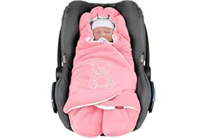ByBoom® - Couverture Enveloppante Hiver Universelle Multi-Usages, pour Coques Bébé, Sièges Auto (p.ex. Maxi-Cosi, Römer, etc), pour Landaus, Poussettes ou Lits Bébé; L'ORIGINAL AVEC L'OURS, Colour:Rose/Blanc