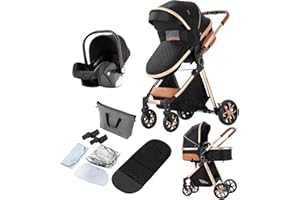 Reenborn Poussette 3 en 1, Poussette Bebe avec Réversible Deux Façons de Pousser, Pousette avec Cadre Aluminium Haute Paysage, Pousette 3 en 1 avec Conception Pliable en Un Clic (V9 Black)