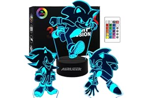 AIRUEEK Sonic Hedgehog Lampada 3D Luce Notturna Bambini-16 Variazioni Colore 3 Sonic/1 Telecomando/1 Base Nera-Decorazione Regali Anime Gadget Per Bambino Ragazzo Uomo Sonic Fans