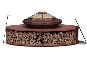 Blumfeldt Ebeko Brasero Exterieur - Barbecue & Table, 3-en-1 Brasero en Acier Durable, Pare-Étincelles & Tisonnier Inclus, Rangement Bûches, Housse Imperméable, Idéal Jardin & Terrasse