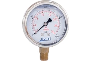 JIVTO Pressure Gauge,Glycerin Liquid Filled,2-1/2" Dual Scale Dia,0-400 psi/bar/kpa,1/4" BSPP Male Brass Connection,Lower Mount, Stainless Steel Case,for Pneumatic,Pump,Hose,Well Tank,Gas Air Water Oil