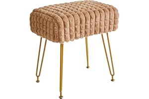 IBUYKE Prostokątny podnóżek otomana, stolik pomocniczy do makijażu, aksamitna toaletka, podnóżek, złote stalowe nogi, do pokoju makijażu, sypialni, kwadratowy wzór siatki, khaki WBD003K