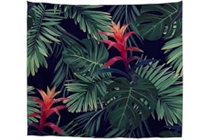 A.Monamour Tapisseries Exotique Monstera Tropical Feuilles De Palmier Motif Floral Abstrait Fond Vert Foncé Tissu Tapisserie Tentures Murales Rideau Pour Chambre Salon Dortoir