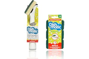 Dishmatic 1X Leakproof Brush bundled with 3X General Purpose Spare Refill Sponges | Dispensing fillable and refillable washing up brush set | bundled by Eluto