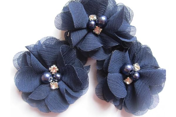 YYCRAFT Lot de 20 pcs Fleurs en Mousseline de Soie avec Strass et Perles pour Artisanat Couture Loisirs Créatifs Décoration de Mariage(5cm,Bleu Marine)