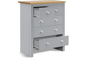 Blisswood Chest of Drawers, 3+2 Drawer Bedroom Chest of Drawers Tall Dresser Bedside Table Storage Cabinet for Bedroom Living Room Office Hallway Furniture, Grey/Oak 39.5D x 79W x 95H cm