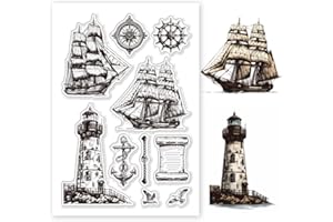 GLOBLELAND Tampons Transparents en Forme de Phare de Bateau Mouettes de Côte Tampons en Silicone Boussole Tampon Transparents pour Bricolage Scrapbooking Cartes Album Photo Journal 6.3x4.3Pouce