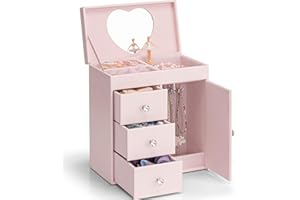 Vlando Musical Jewellery Box for Girls, 4-Tier Kids Music Box with Spinning Ballerina & Mirror, For Birthday, Christmas Gifts (Apricot Pink)