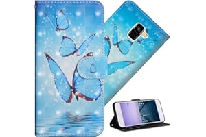 COTDINFOR pour Samsung Galaxy A6 Plus 2018 Custodia Cover TPU 3D Effect Painted PU in Pelle con Wallet Card Holder Flip Custodia per Samsung Galaxy A6 Plus 2018 Three Blue Butterflies YX.