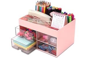 KAHEIGN Organizador de Escritorio con 4 Cajones, 19CM x 14CM Organizador de Escritorio Multifuncional Portalápices de Gran Capacidad Organizador de Maquillaje para Oficina Escuela Hogar Mesa (Rosa)