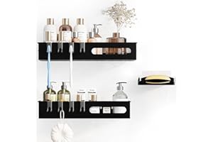 Lehuveky Duschablage ohne Bohren - 3 Stück Schwarz Duschregal - Rostfrei Badezimmer Regal mit Seifenhalter - Große Badregal Shampoo Halterung für Dusche (C Black)