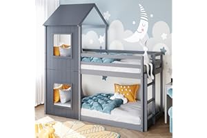 Moimhear 90x200cm Kinderbett Etagenbett Hausbett, Bodentief, mit Leiter & Baldachin (Grau)