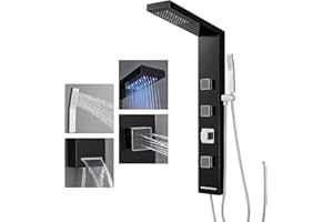 ROVOGO Panneau Colonne de Douche Hydromassante Led Sans Robinetterie, 4 Fonctions: Douche de pluie à Led, 3 Jets de Massage, Douchette et Bec Bain déverseur, Acier inox 304, Noir