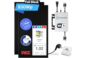 KLARBEIT Solar Balkonkraftwerk 800 Watt - Balkonkraftwerk Set mit Hoymiles HMS-800 Wifi I 2x Solarpanel 415w Shingled Full Black I 5m Schuko I Balkon Solaranlage 800w komplett I Photovoltaik Komplettanlage