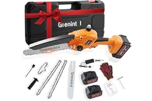 Grenintol Mini Motosega a Batteria 8'', 6000mAh Motosega Elettrica con Pompetta Olio e Blocco di Sicurezza, 1000W Motore Brushless, Sega a Batteria per Rami e Giardino, Taglio del Legno