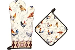 Arquiel Roosters rękawice kuchenne i uchwyty na garnki, zestaw 2 szt., 100% bawełna, odporne na ciepło, bardzo długie rękawice kuchenne do kuchni, gotowania, pieczenia, dekoracja