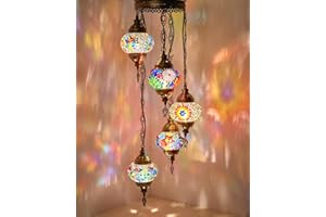 DEMMEX Lámpara de Techo Turca Marroquí de Mosaico, Hardwired, Lámpara Colgante Artesanal con 5 Globos, Vidrio de Mosaico Estilo Boho, Casquillo E14, Altura 120 cm, Personalizable