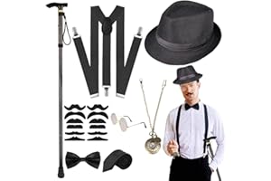WILDPARTY Costume Homme Année 20 Accessoire, Béquille Pliable Métal, Béret Homme, Montre de Poche Vintage, Lunettes, Cravate Gatsby Costume 1920s Accessoire Homme Gangster Tenue Halloween Déco
