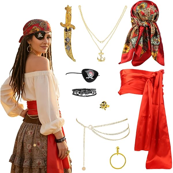 Tenue Pirate Femme Carnaval Déguisement Pirate Femme Complet - Foulard, Cache-Œil, Perroquet Gonflable, Ceinture, Boucles D'Oreilles, Accessoires Cheveux Halloween Carnaval