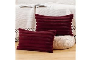 Madizz Set of 2 Faux Fur Plush Decorative Throw Pillow Covers 12x20 inch, 30x50 cm, Burgundy Fluffy Striped Soft Decorative Cushion Cover for Sofa Bedroom Pillow Shell