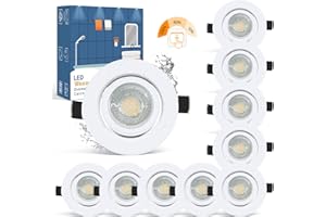 ‎WOWATT wowatt 10er 7W LED Einbaustrahler Weiß 3 Stufe Dimmbar Ersetzt 70W Halogen LED Spots 230V Ultra Flach 2800K Warmweiß Einbauleuchten IP44 Hell 700lm Badeinbaustrahler 68mm Schwenkbar Rund