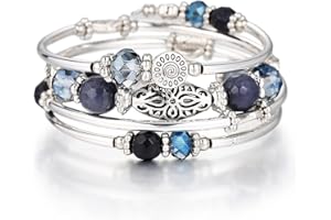 FULU AUTUMN Silver Beaded Bangle Bracelet for Women Handmade Boho Stacking Wrap Bracelet with Crystal Beads Costume Fashion Jewellery Gifts