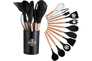 AUSYIWI 12-częściowy zestaw silikonowych przyborów kuchennych, drewniane uchwyty, odpowiednie do wszystkich garnków i patelni, zestaw silikonowych przyborów kuchennych dla miłośników kuchni (czarny)