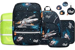 GMT for Kids Schulranzen Set 6-teilig Ergonomische Ultraleichte Schultasche Mädchen Junge Kinder Schulrucksack Raumschiff Grundschule Schultaschen 1-4. Klasse Rucksack 22 L