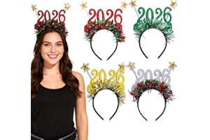WELLXUNK 4 Stück Silvester Haarreif 2026, Happy New Year Haarreif Mädchen Frauen Haarschmuck Neujahr Glitzer Haarband mit Sterne Lametta, Happy New Year Deko Kopfbedeckung Fotorequisiten